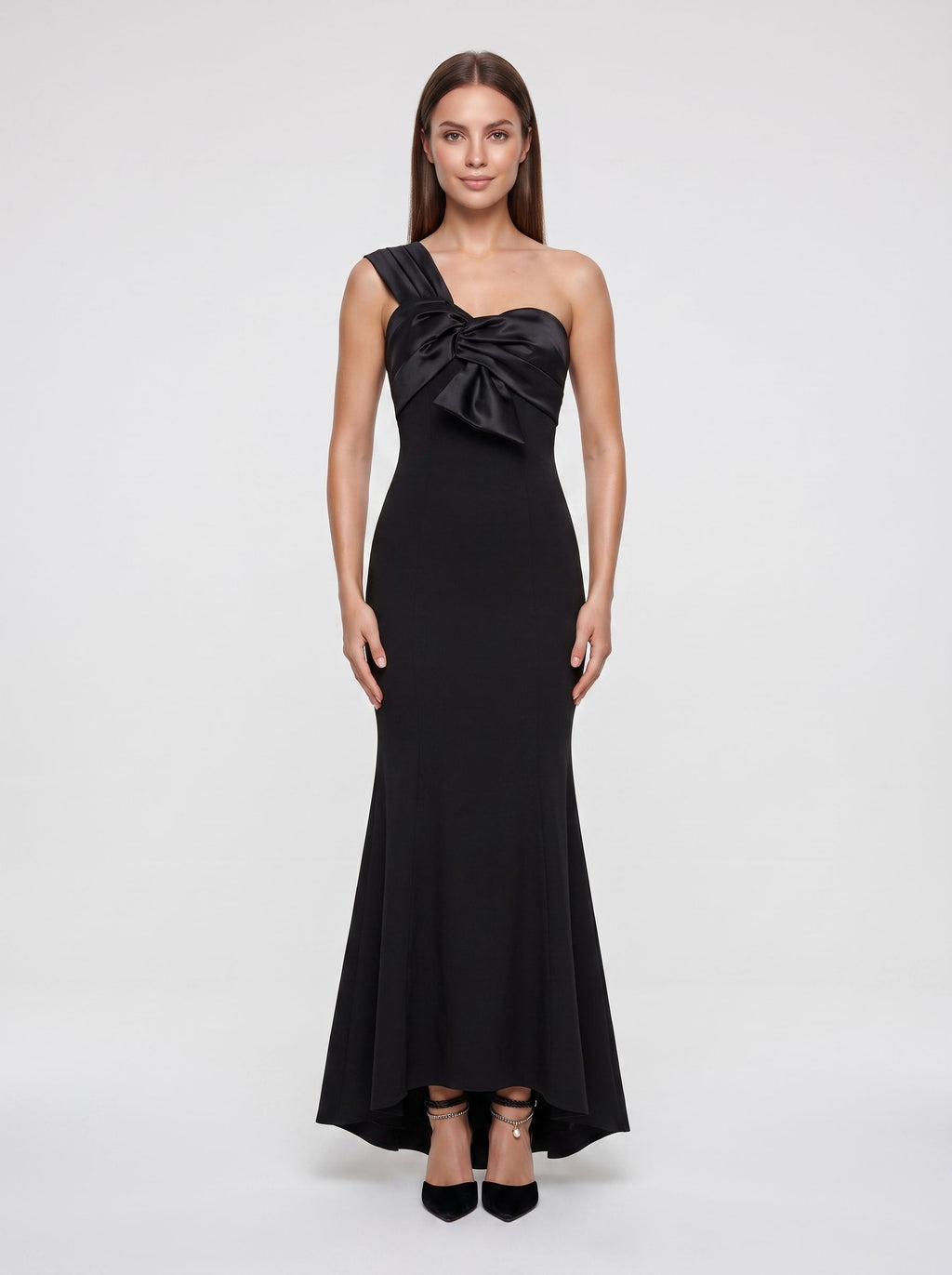 Black Satin Trumpet One Shoulder Back Zip Floor-Length Dress with Pleated Bodice