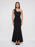 Black Satin Trumpet One Shoulder Back Zip Floor-Length Dress with Pleated Bodice