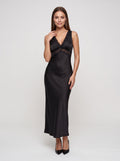 Black Satin Sheath V-Neck V-Back Floor-Length Dress with Lace Trim and Tie-Back
