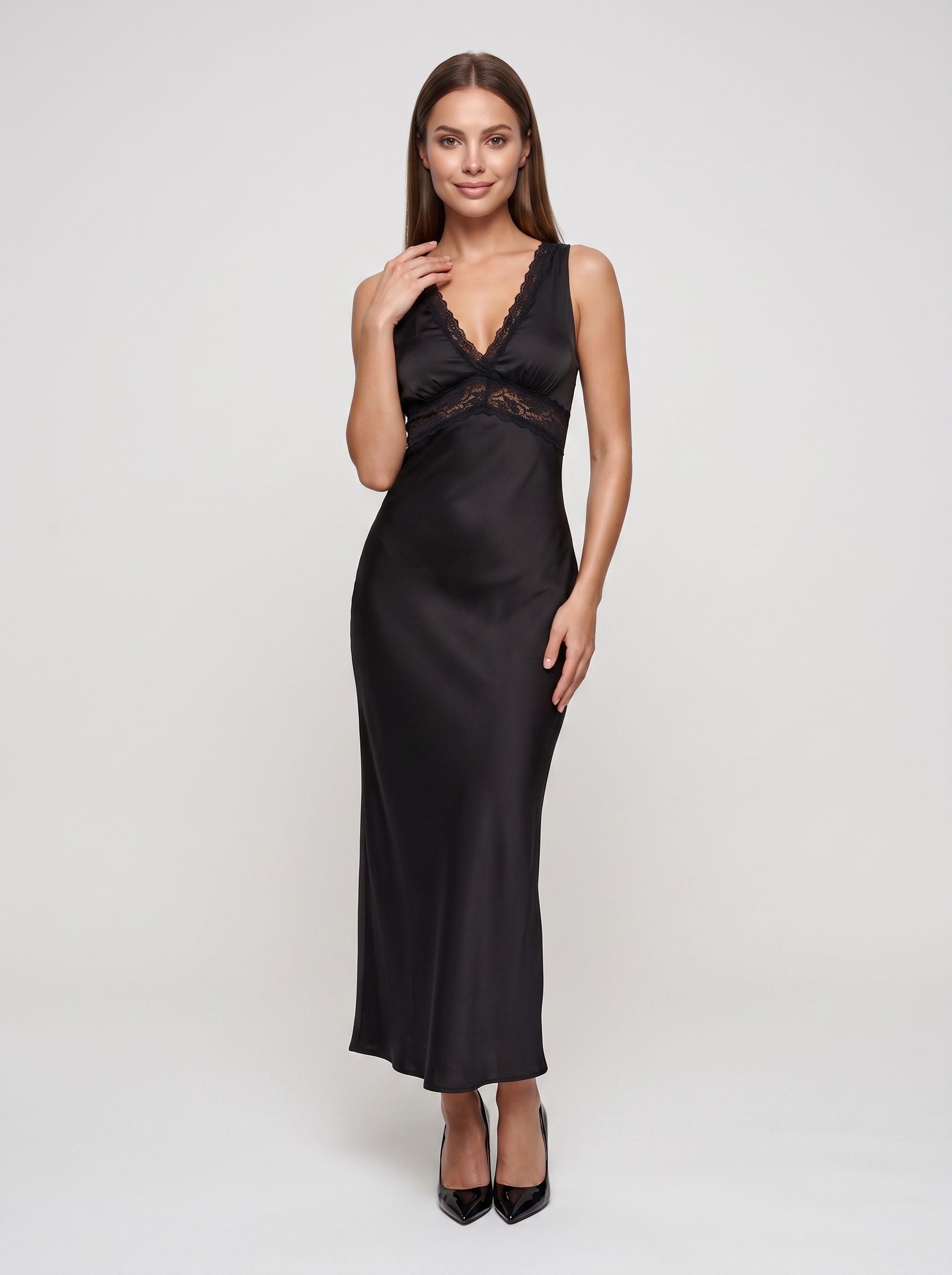 Black Satin Sheath V-Neck V-Back Floor-Length Dress with Lace Trim and Tie-Back