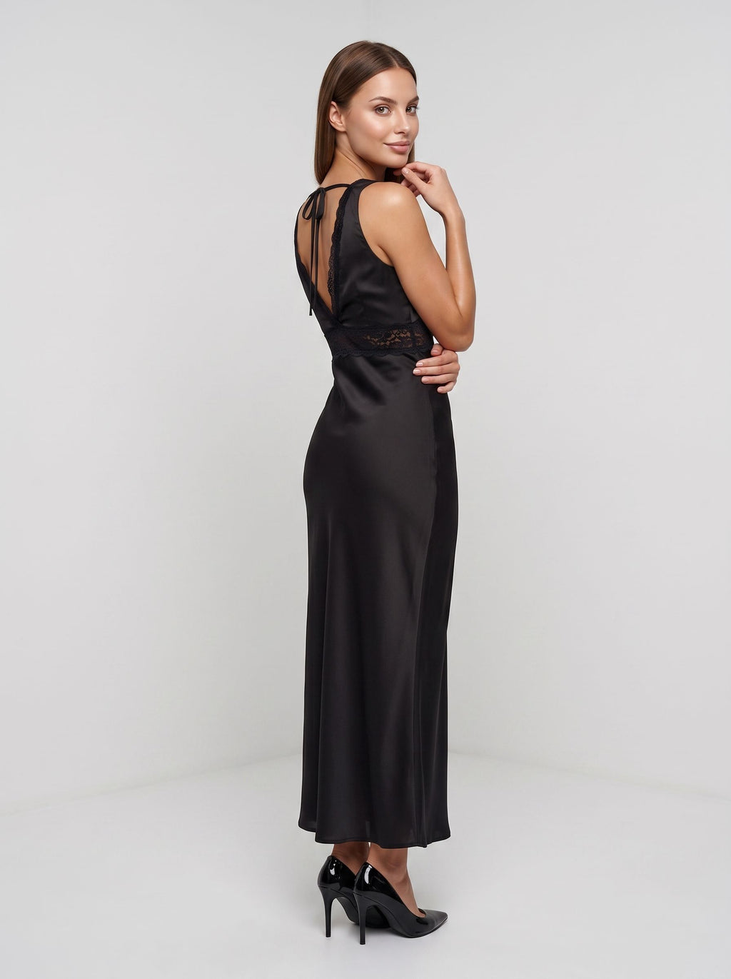 Black Satin Sheath V-Neck V-Back Floor-Length Dress with Lace Trim and Tie-Back