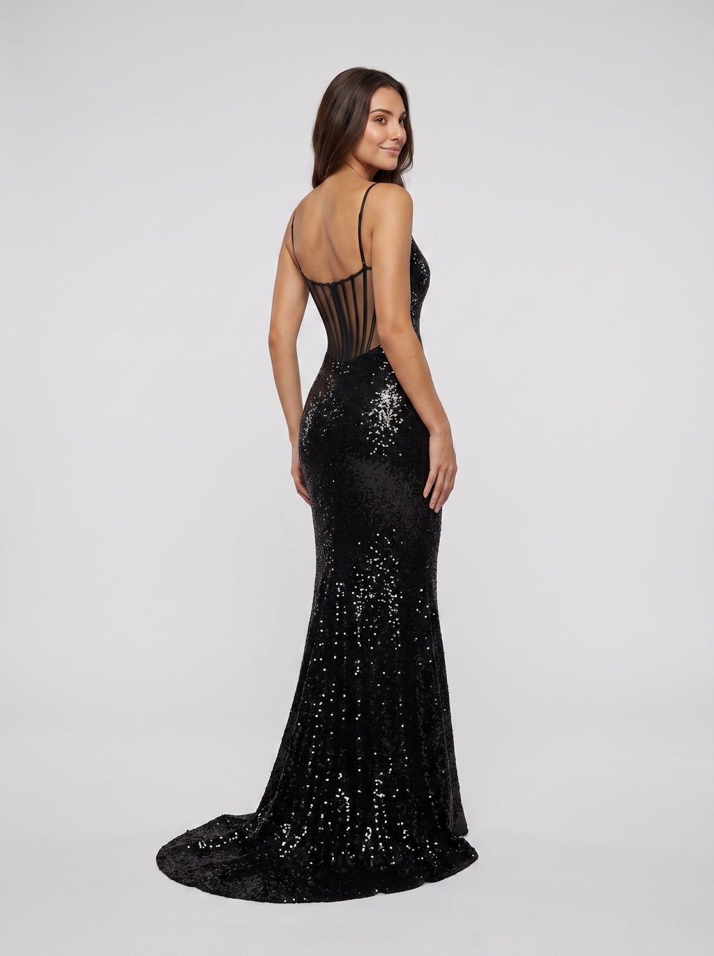 Black Sequins Sheath Scoop Neck Illusion Floor-Length Dress with Sheer Open Back