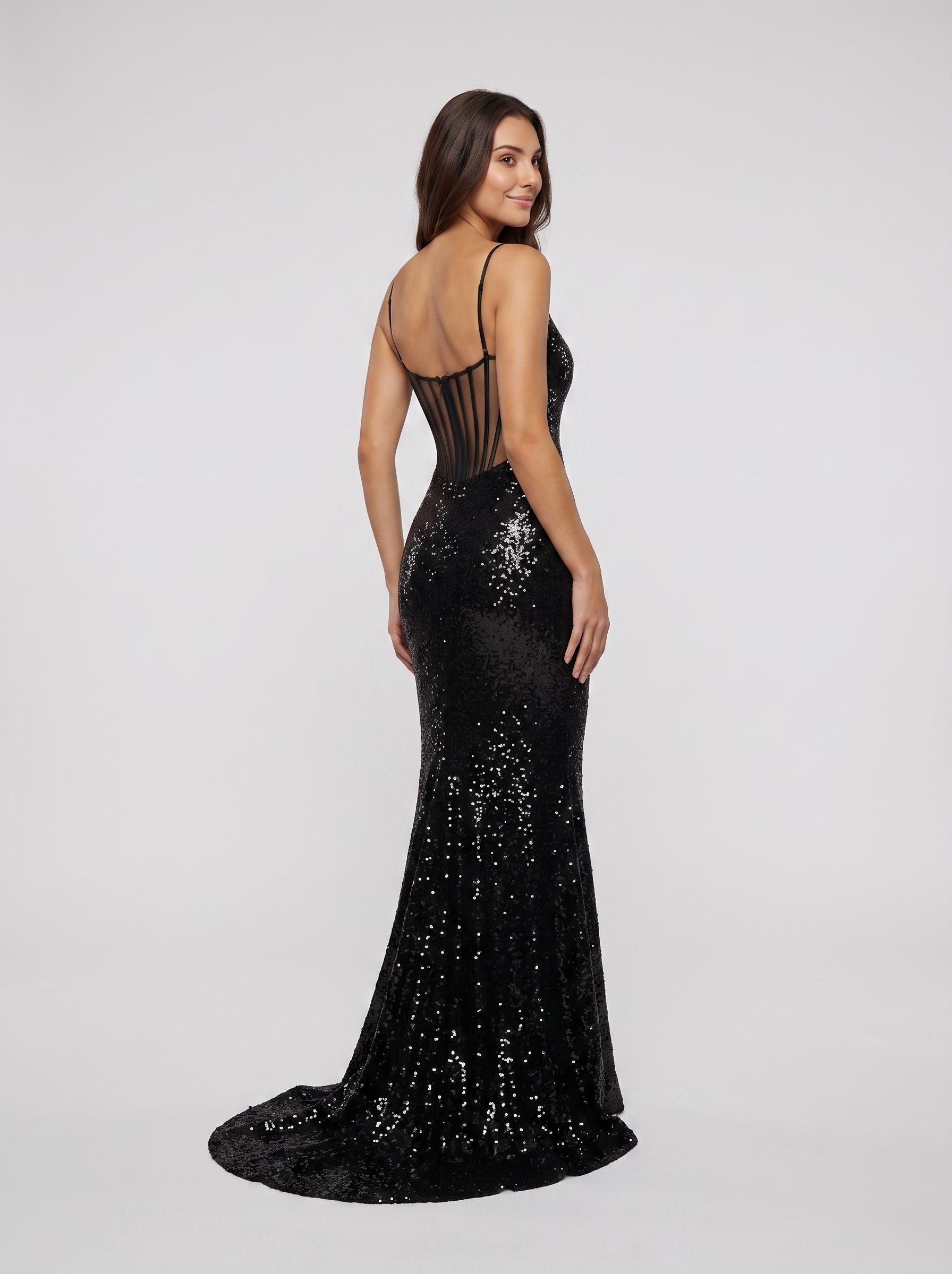 Black Sequins Sheath Scoop Neck Illusion Floor-Length Dress with Sheer Open Back