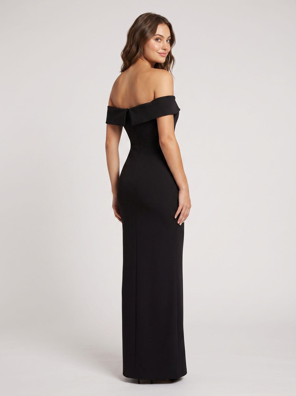 Black Stretch Knit Sheath Off-the-Shoulder Back Zip Floor-Length Dress