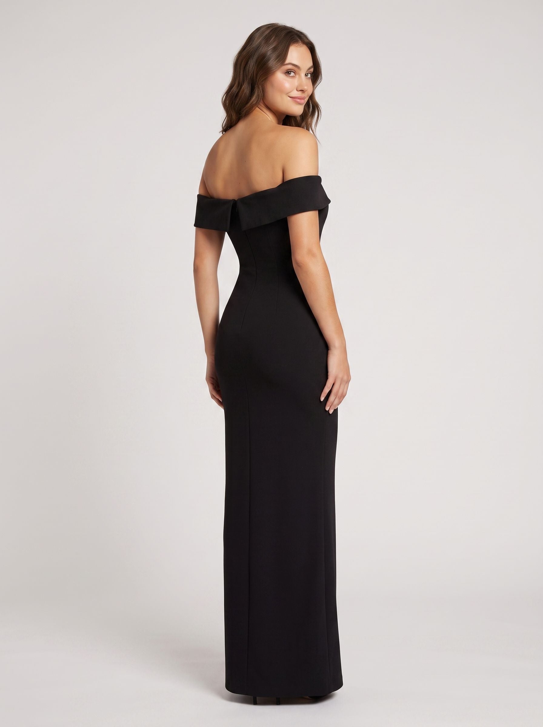 Black Stretch Knit Sheath Off-the-Shoulder Back Zip Floor-Length Dress