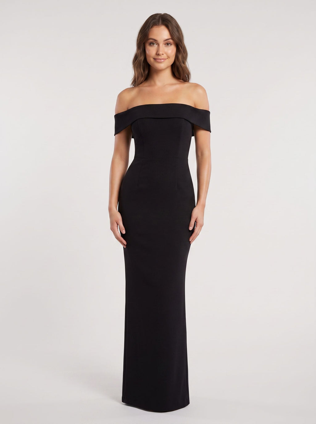 Black Stretch Knit Sheath Off-the-Shoulder Back Zip Floor-Length Dress