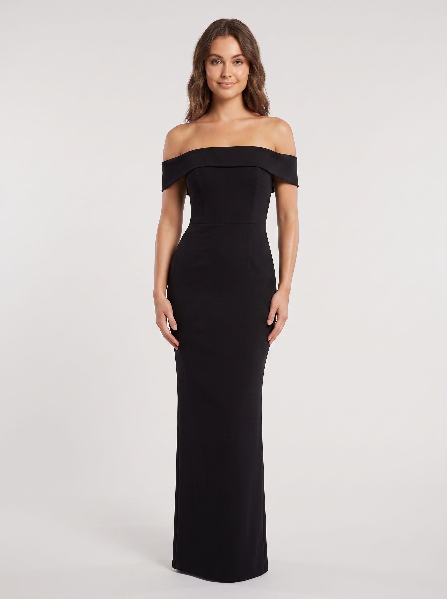 Black Stretch Knit Sheath Off-the-Shoulder Back Zip Floor-Length Dress