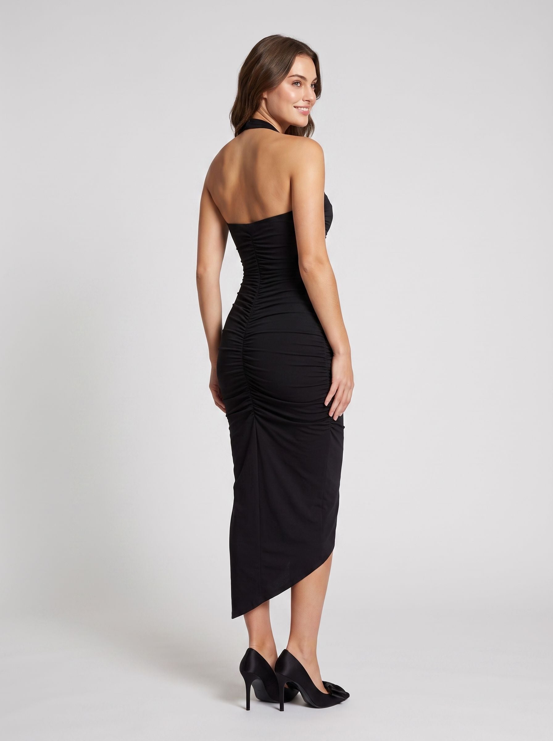Black Stretch Knit Sheath Halter neckline Back Zip Asymmetrical Dress with Ruching