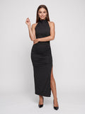 Black Stretch Knit Sheath Halter neckline Backless Midi Dress with Side-ruched detail