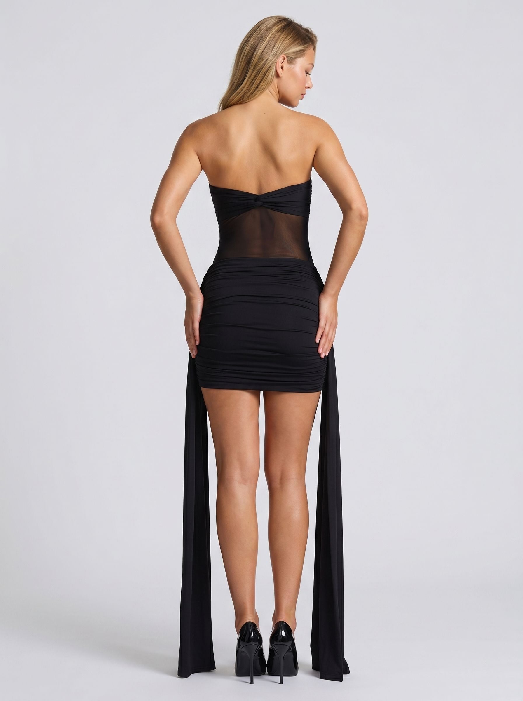Black Stretch Knit Sheath Sweetheart Backless Asymmetrical Dress with Ruched Mesh Panels