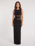 Black Stretch Knit Column Scoop Neck Floor-Length Dress with Lace Waist