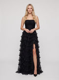 Black Tulle A-Line Straight Neck Back Zip Floor-Length Dress with Cascading Ruffles
