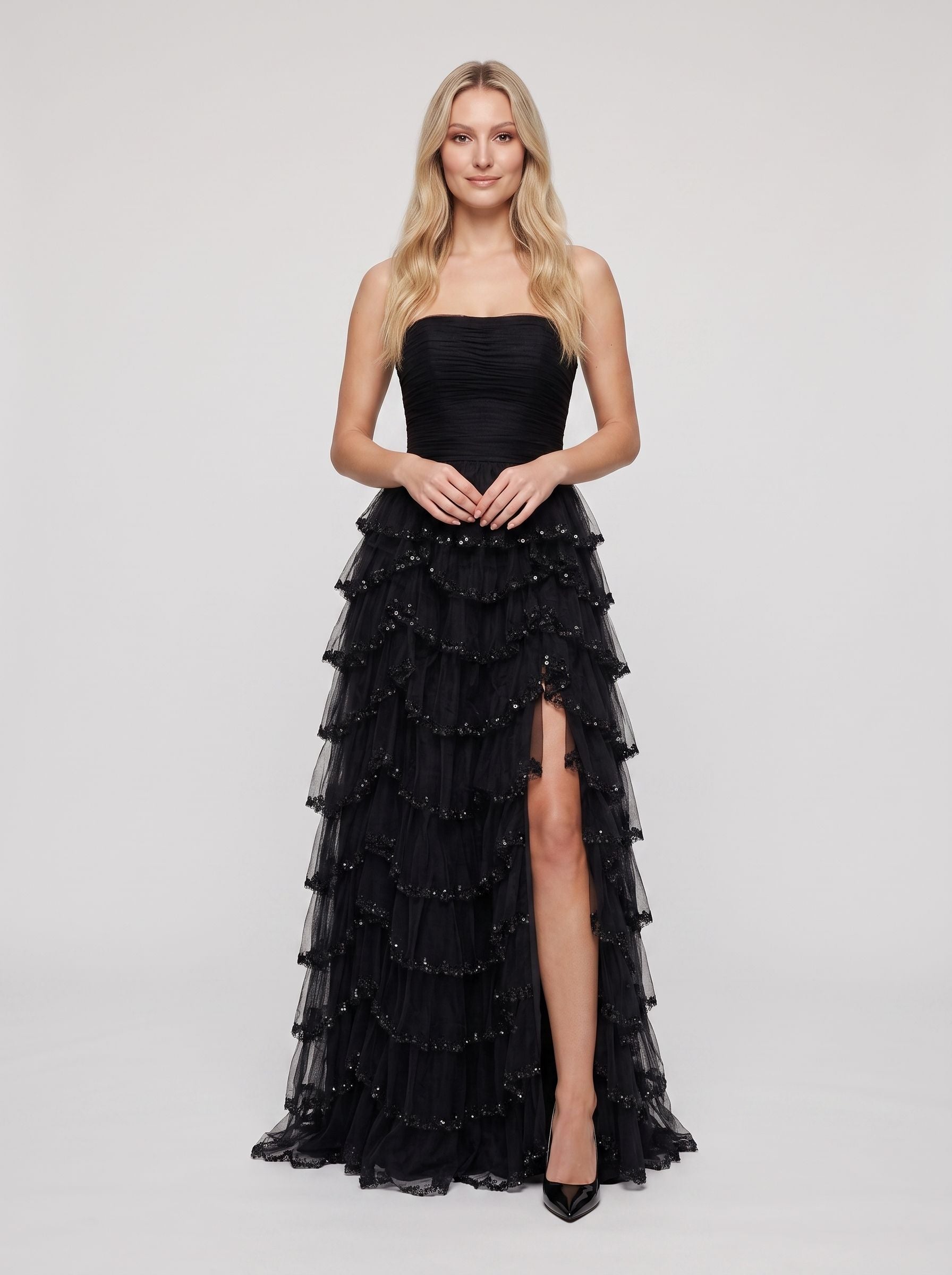 Black Tulle A-Line Straight Neck Back Zip Floor-Length Dress with Cascading Ruffles