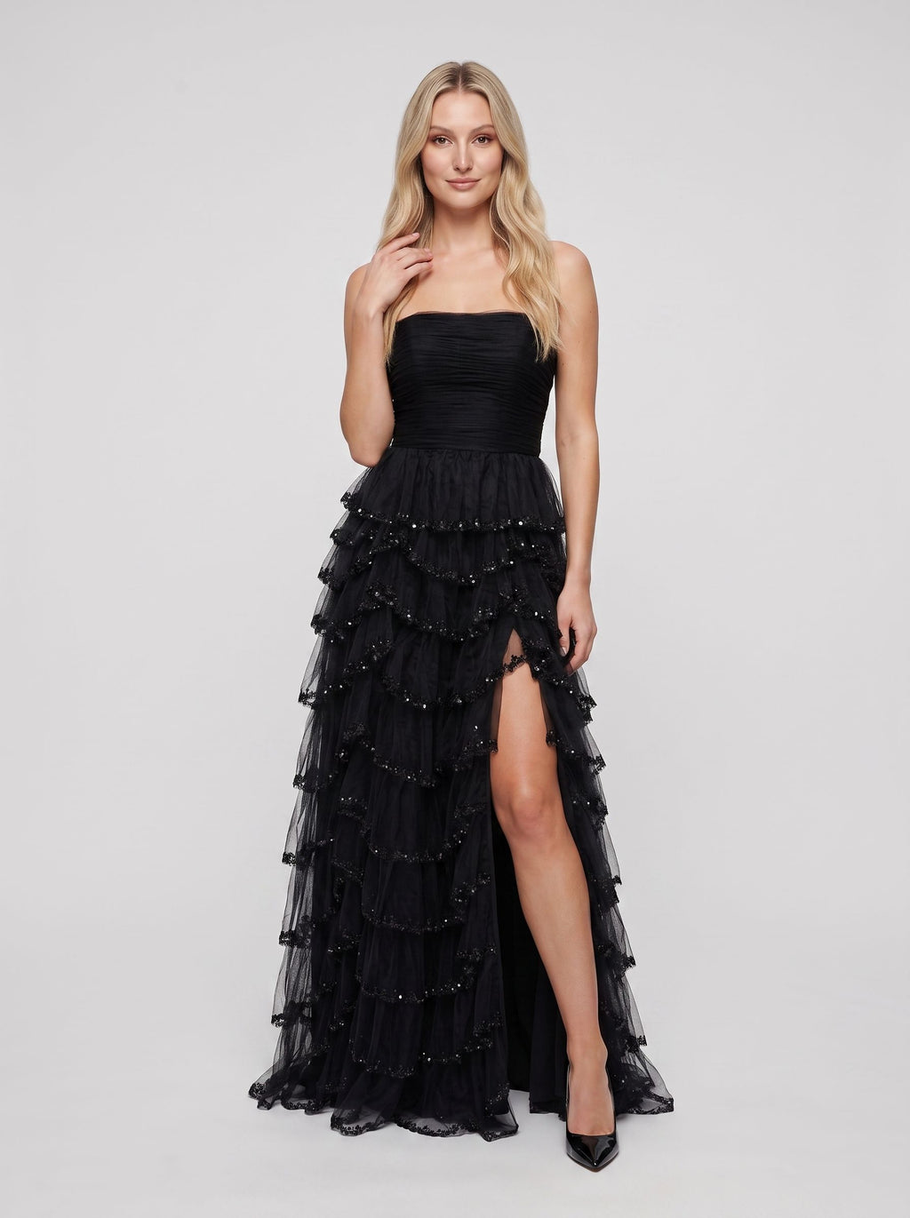 Black Tulle A-Line Straight Neck Back Zip Floor-Length Dress with Cascading Ruffles