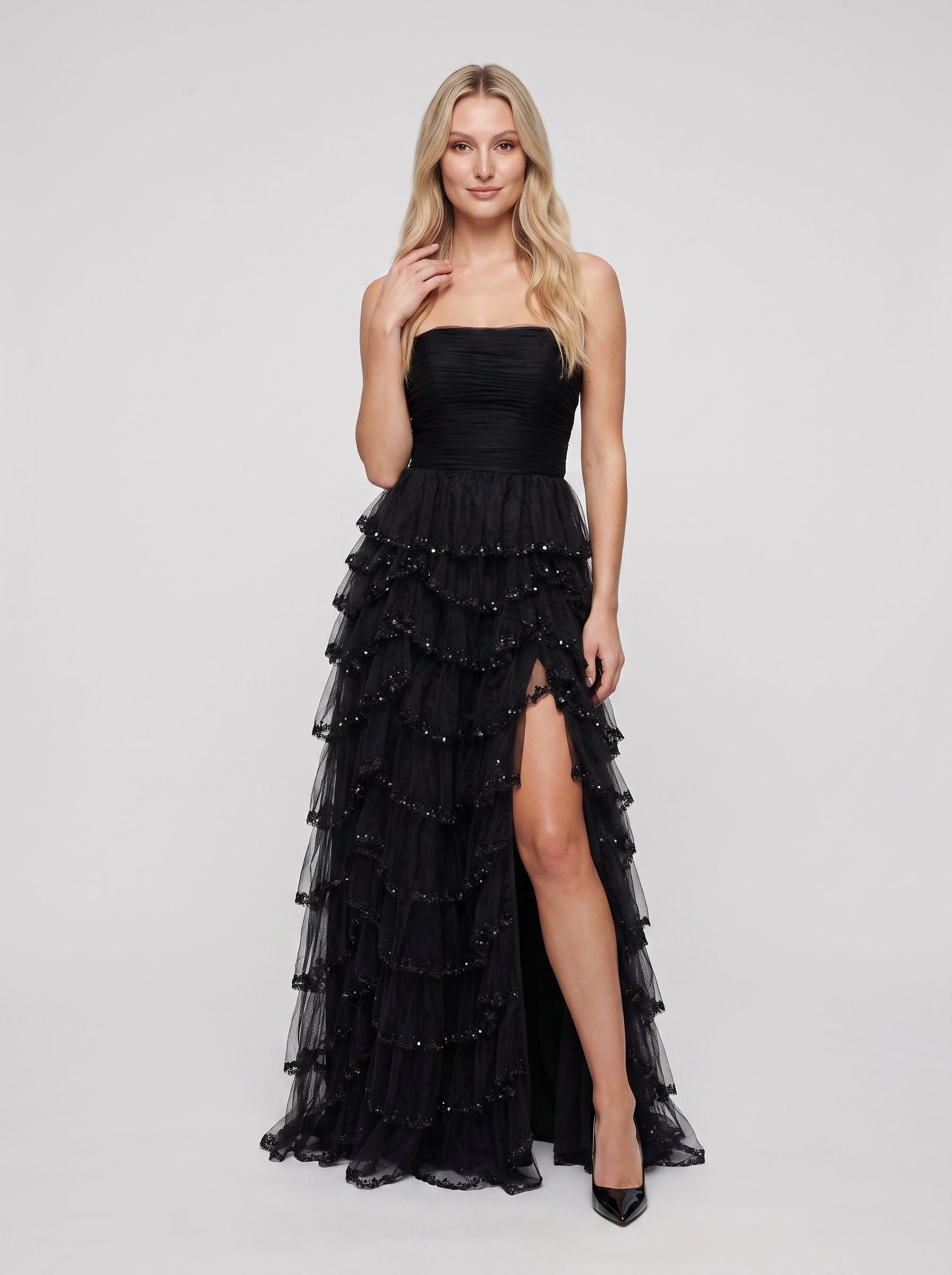 Black Tulle A-Line Straight Neck Back Zip Floor-Length Dress with Cascading Ruffles