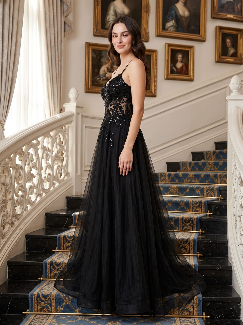 Black Tulle A-Line V-Neck Back Zip Floor-Length Dress with Beading