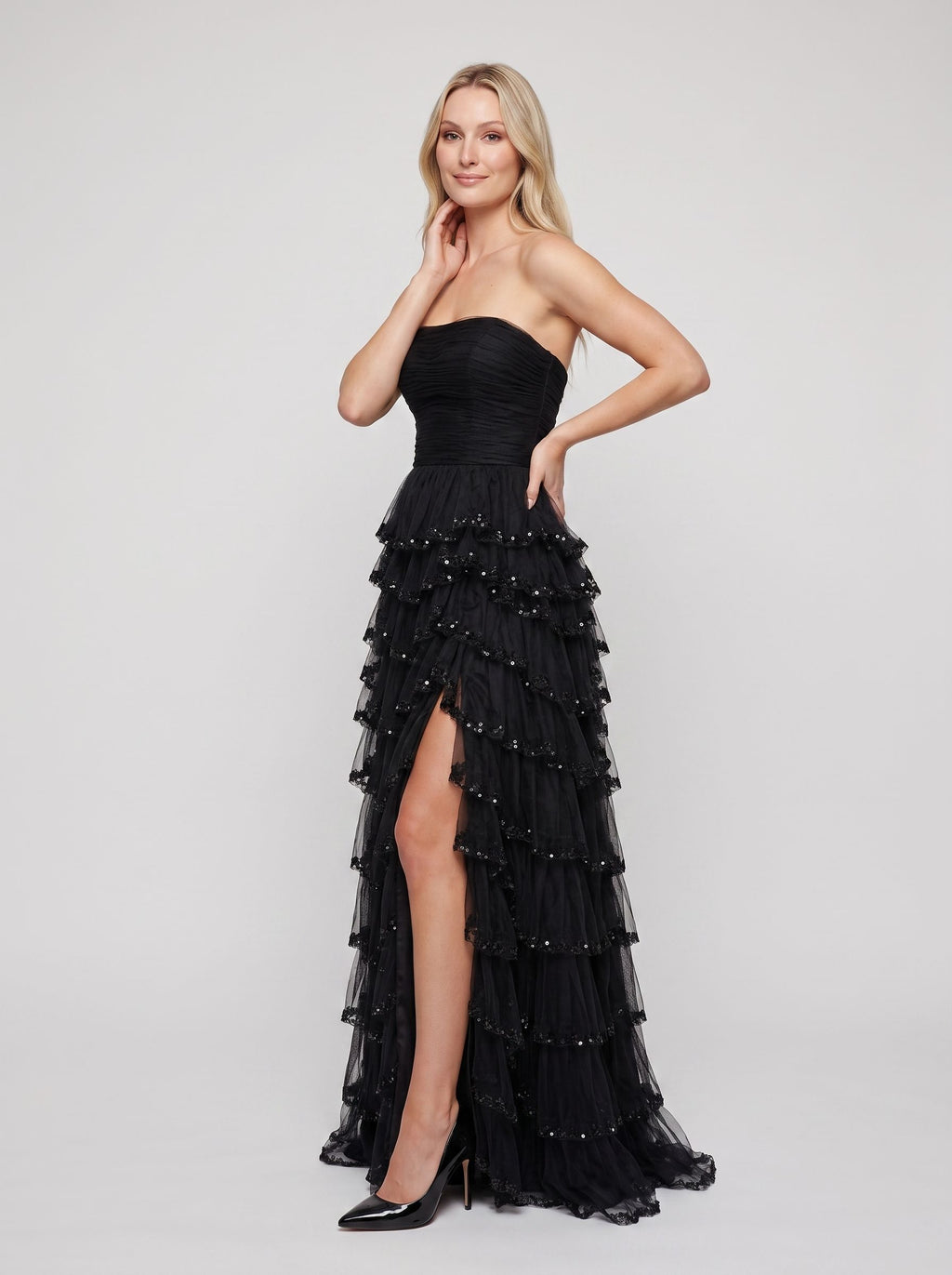 Black Tulle A-Line Straight Neck Back Zip Floor-Length Dress with Cascading Ruffles