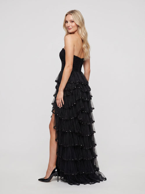 Black Tulle A-Line Straight Neck Back Zip Floor-Length Dress with Cascading Ruffles
