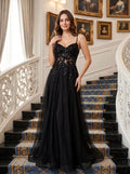 Black Tulle A-Line V-Neck Back Zip Floor-Length Dress with Beading