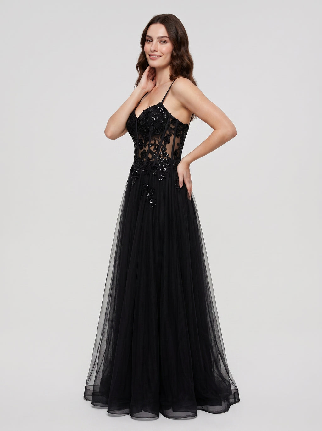 Black Tulle A-Line V-Neck Back Zip Floor-Length Dress with Beading