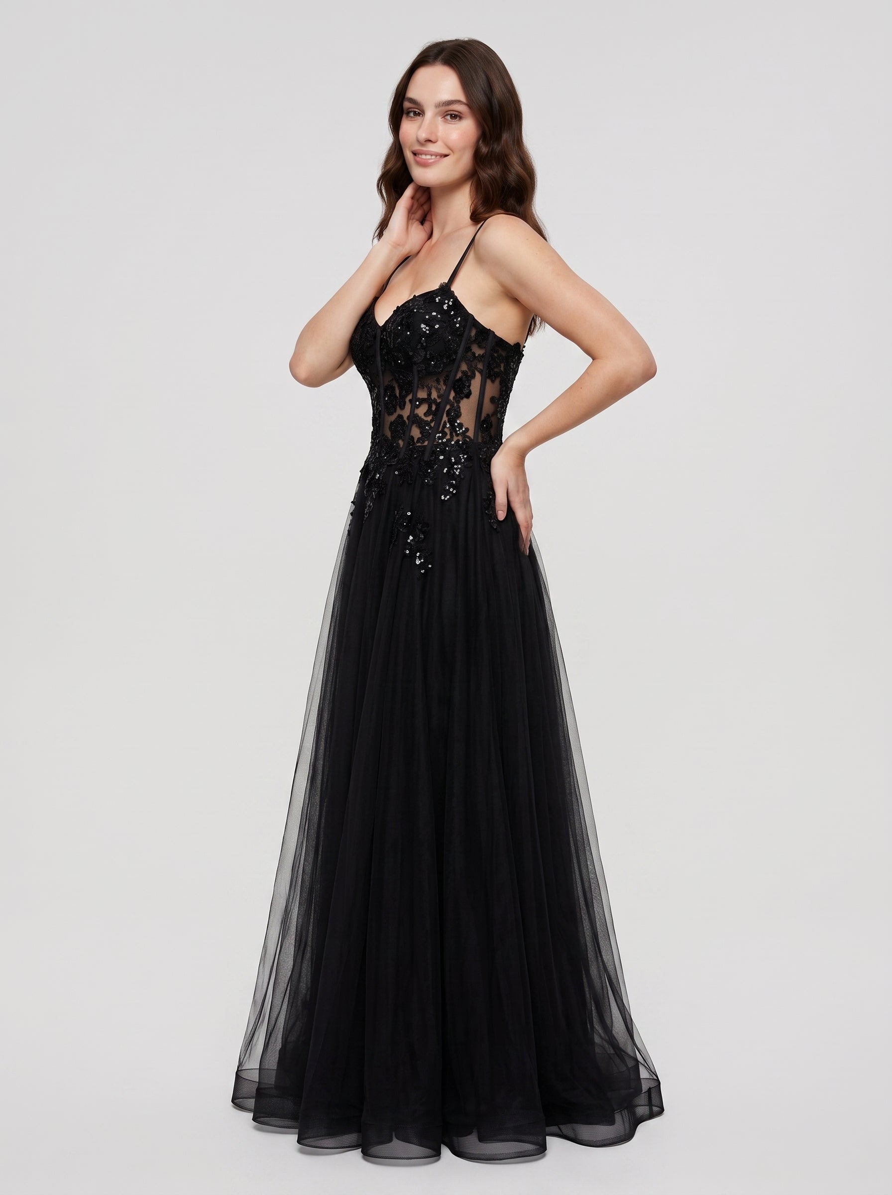 Black Tulle A-Line V-Neck Back Zip Floor-Length Dress with Beading