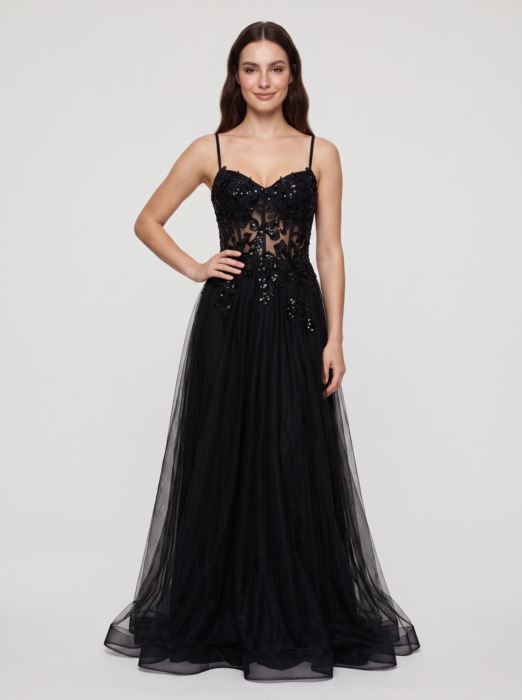 Black Tulle A-Line V-Neck Back Zip Floor-Length Dress with Beading