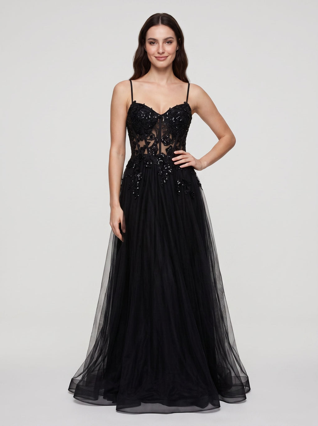 Black Tulle A-Line V-Neck Back Zip Floor-Length Dress with Beading