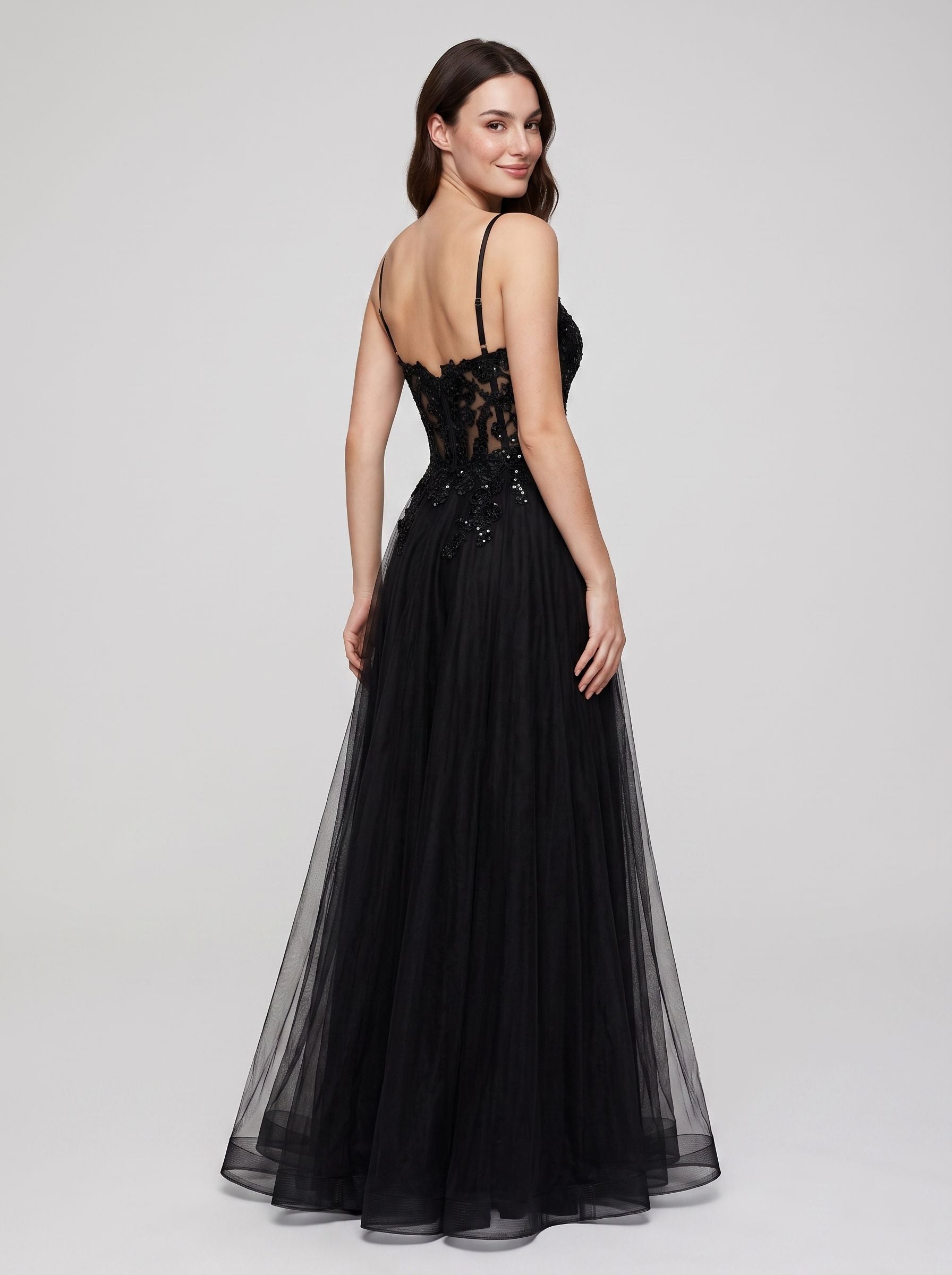 Black Tulle A-Line V-Neck Back Zip Floor-Length Dress with Beading