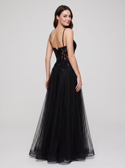 Black Tulle A-Line V-Neck Back Zip Floor-Length Dress with Beading
