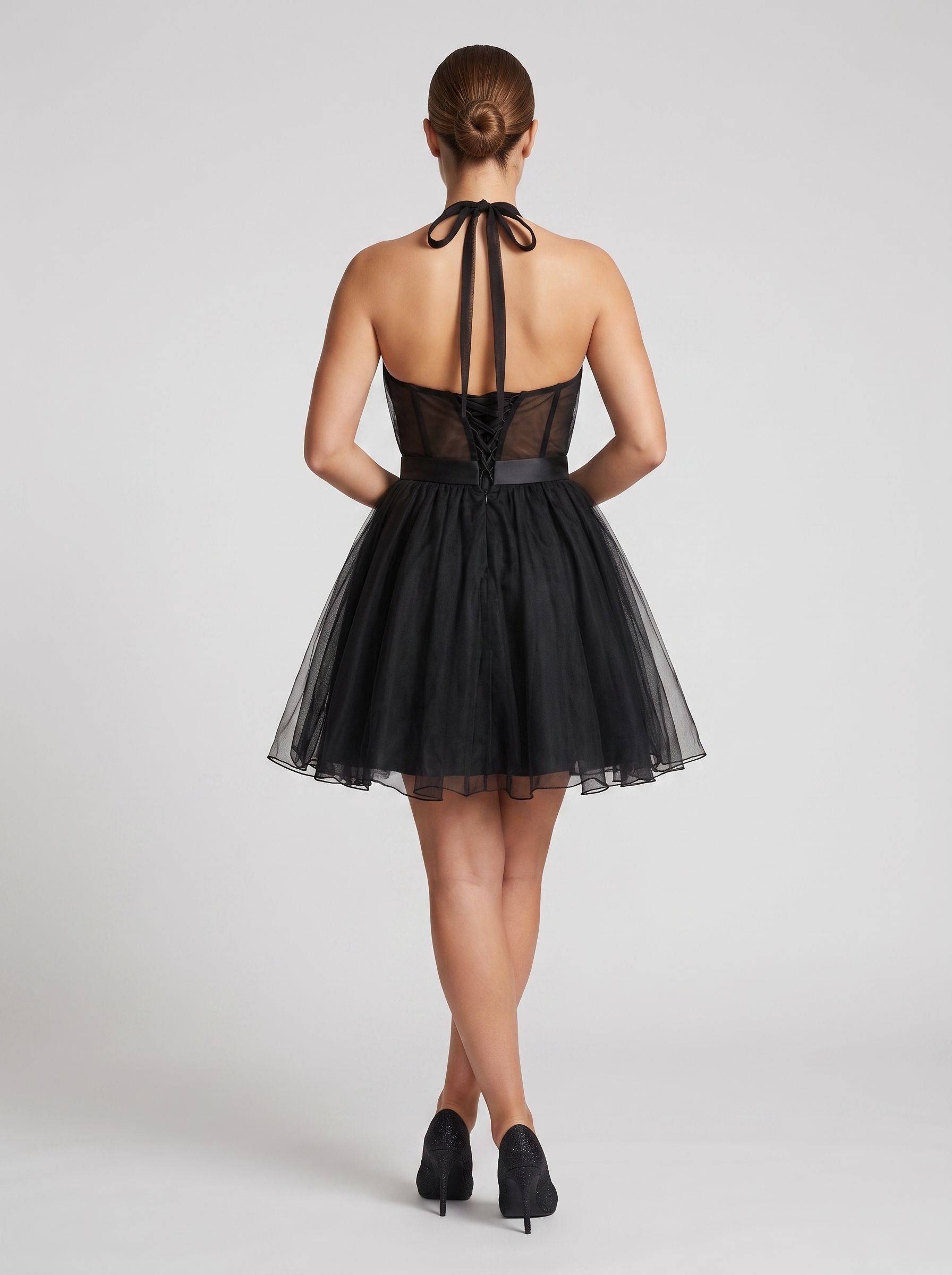 Black Tulle A-Line Halter neckline Backless Short Dress with Rhinestones