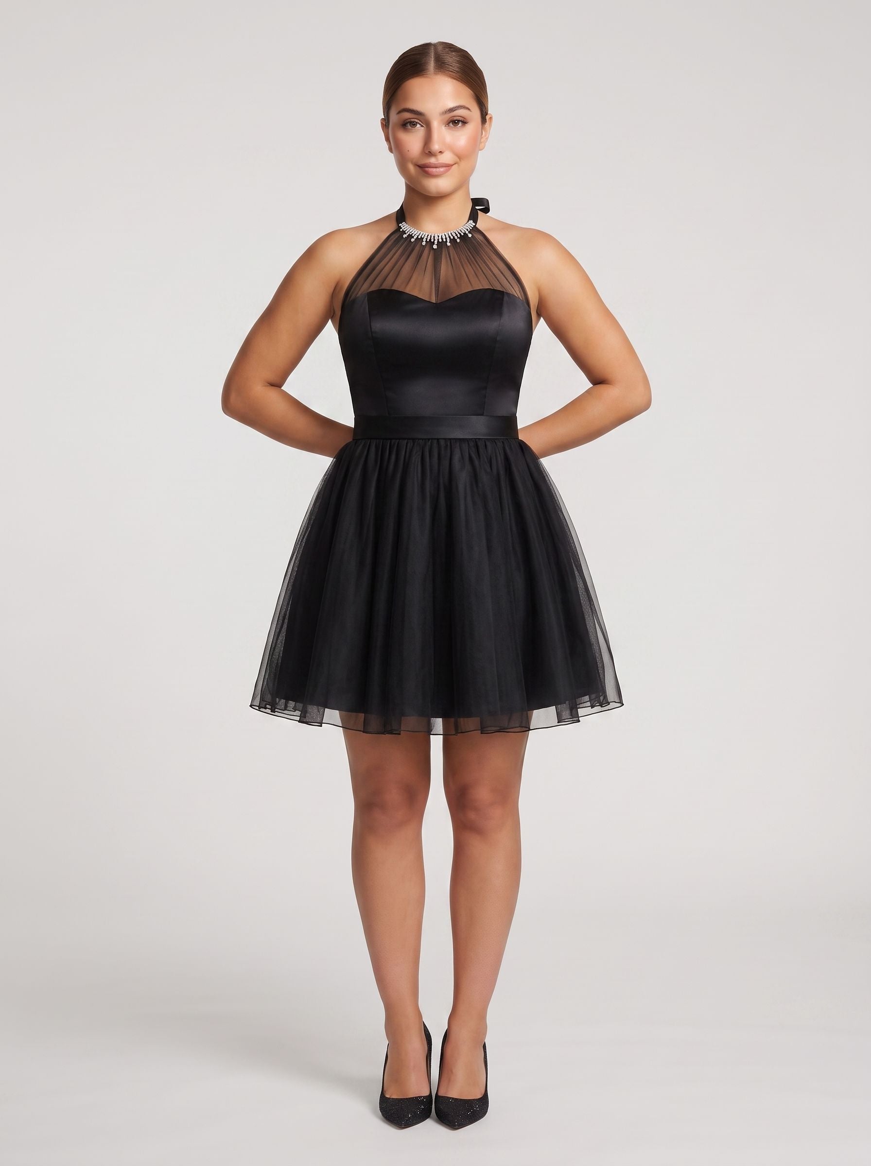 Black Tulle A-Line Halter neckline Backless Short Dress with Rhinestones