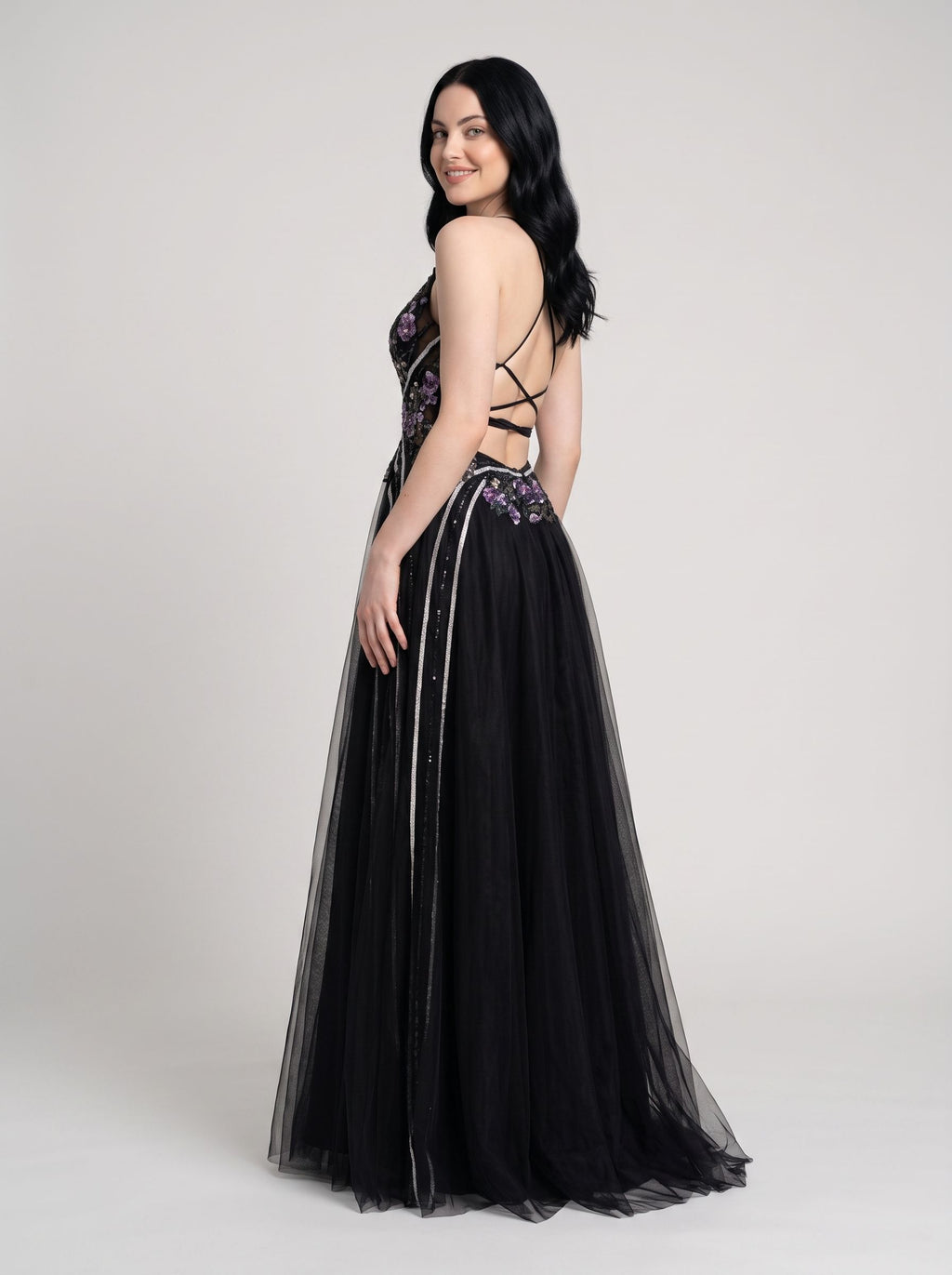 Black Tulle A-Line V-Neck Lace-up Floor-Length Dress with Embroidered Floral Bodice