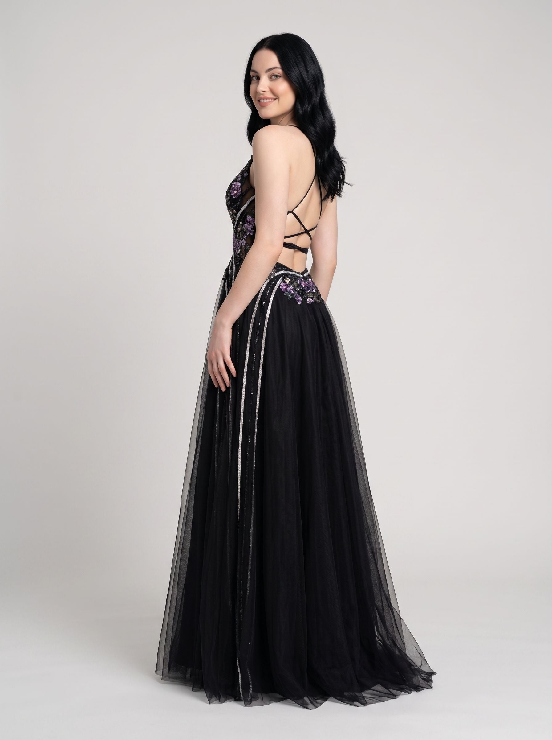 Black Tulle A-Line V-Neck Lace-up Floor-Length Dress with Embroidered Floral Bodice