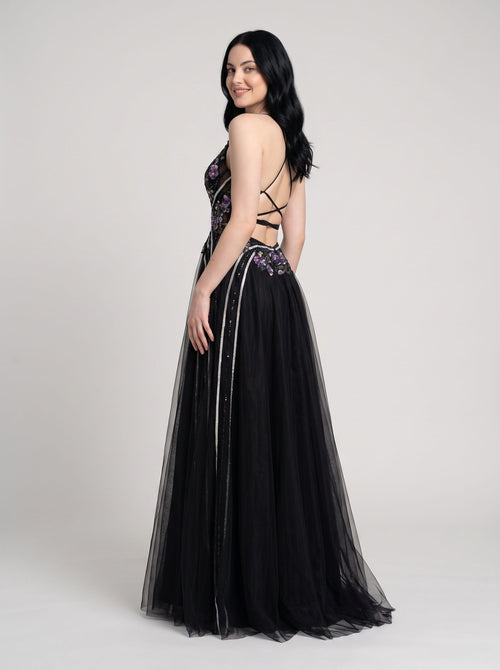 Black Tulle A-Line V-Neck Lace-up Floor-Length Dress with Embroidered Floral Bodice