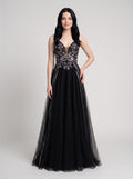 Black Tulle A-Line V-Neck Lace-up Floor-Length Dress with Embroidered Floral Bodice
