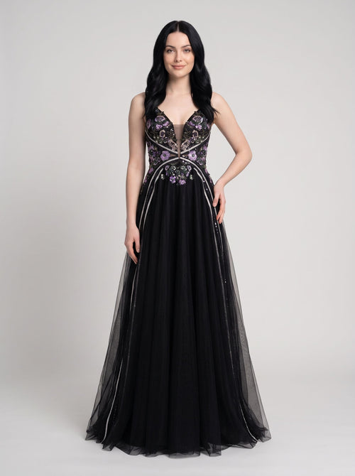 Black Tulle A-Line V-Neck Lace-up Floor-Length Dress with Embroidered Floral Bodice