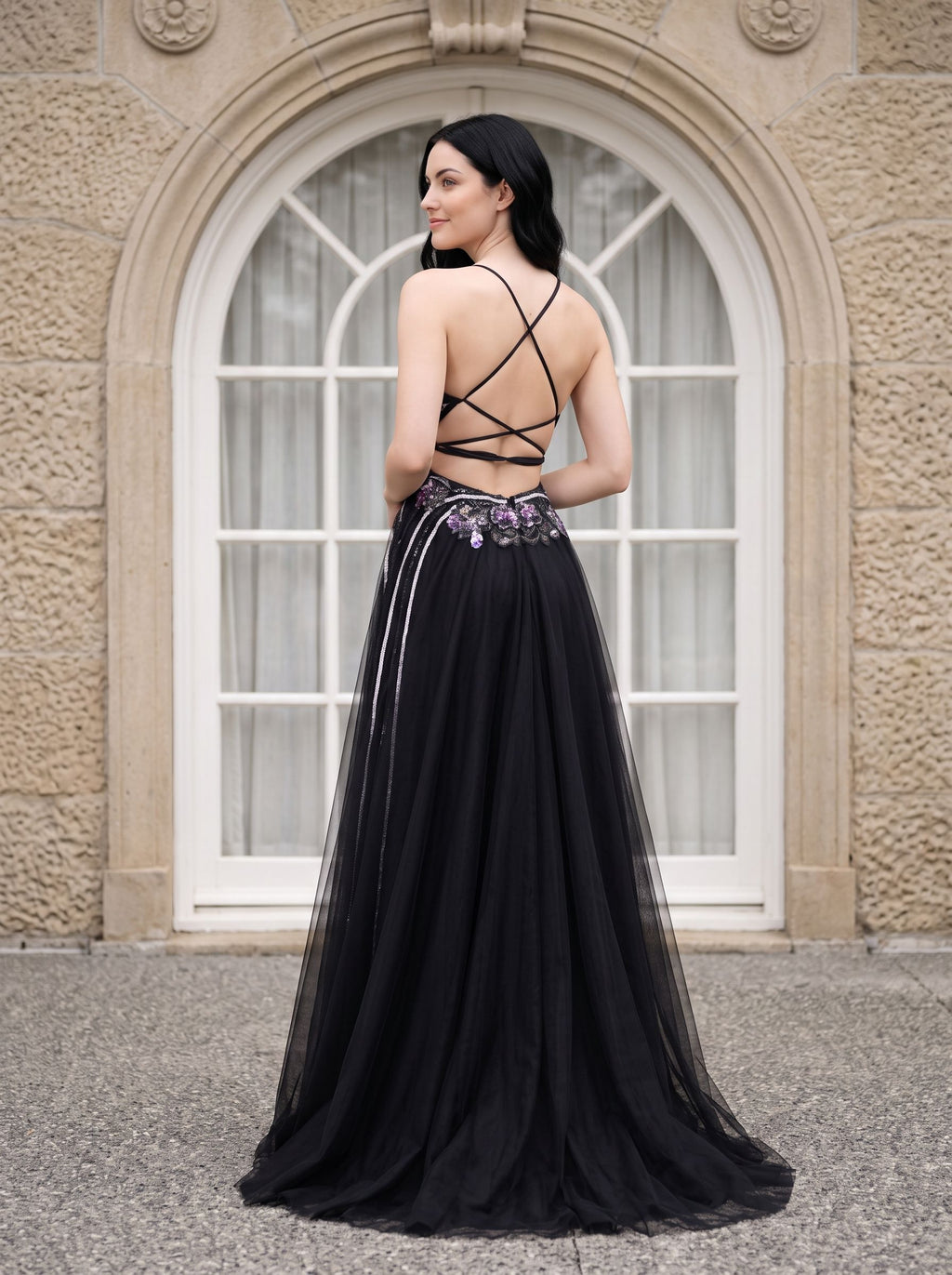 Black Tulle A-Line V-Neck Lace-up Floor-Length Dress with Embroidered Floral Bodice