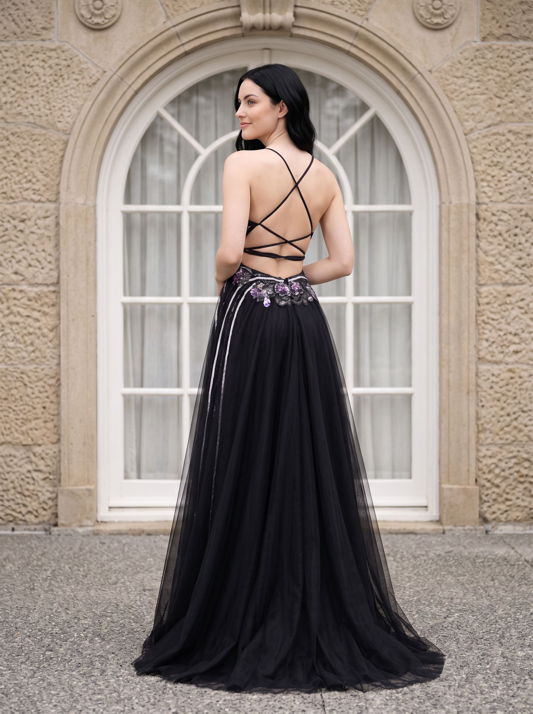 Black Tulle A-Line V-Neck Lace-up Floor-Length Dress with Embroidered Floral Bodice