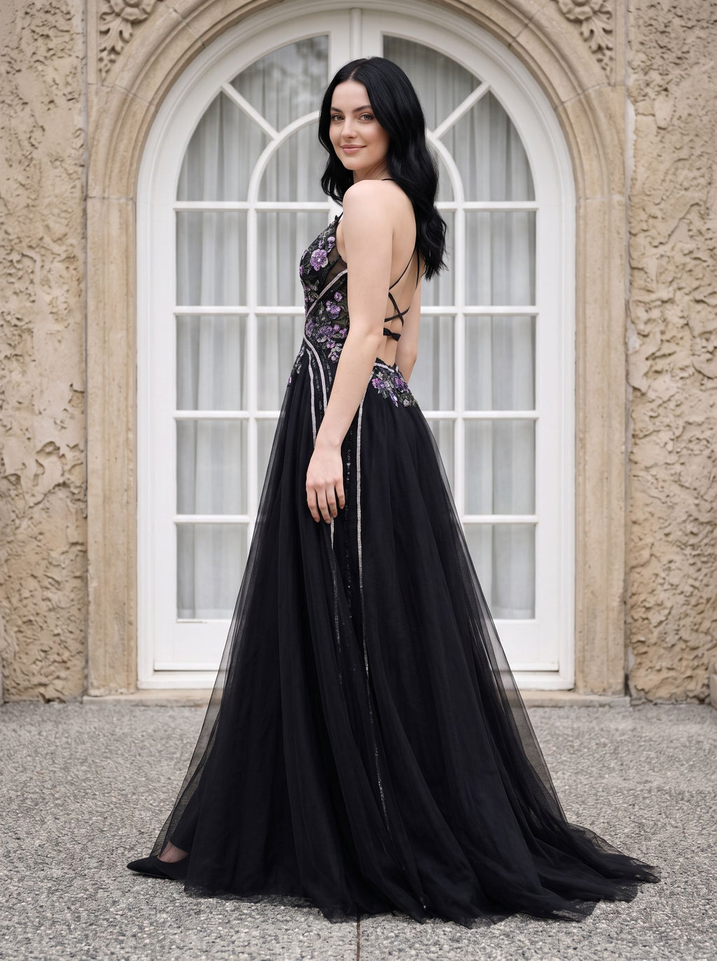 Black Tulle A-Line V-Neck Lace-up Floor-Length Dress with Embroidered Floral Bodice