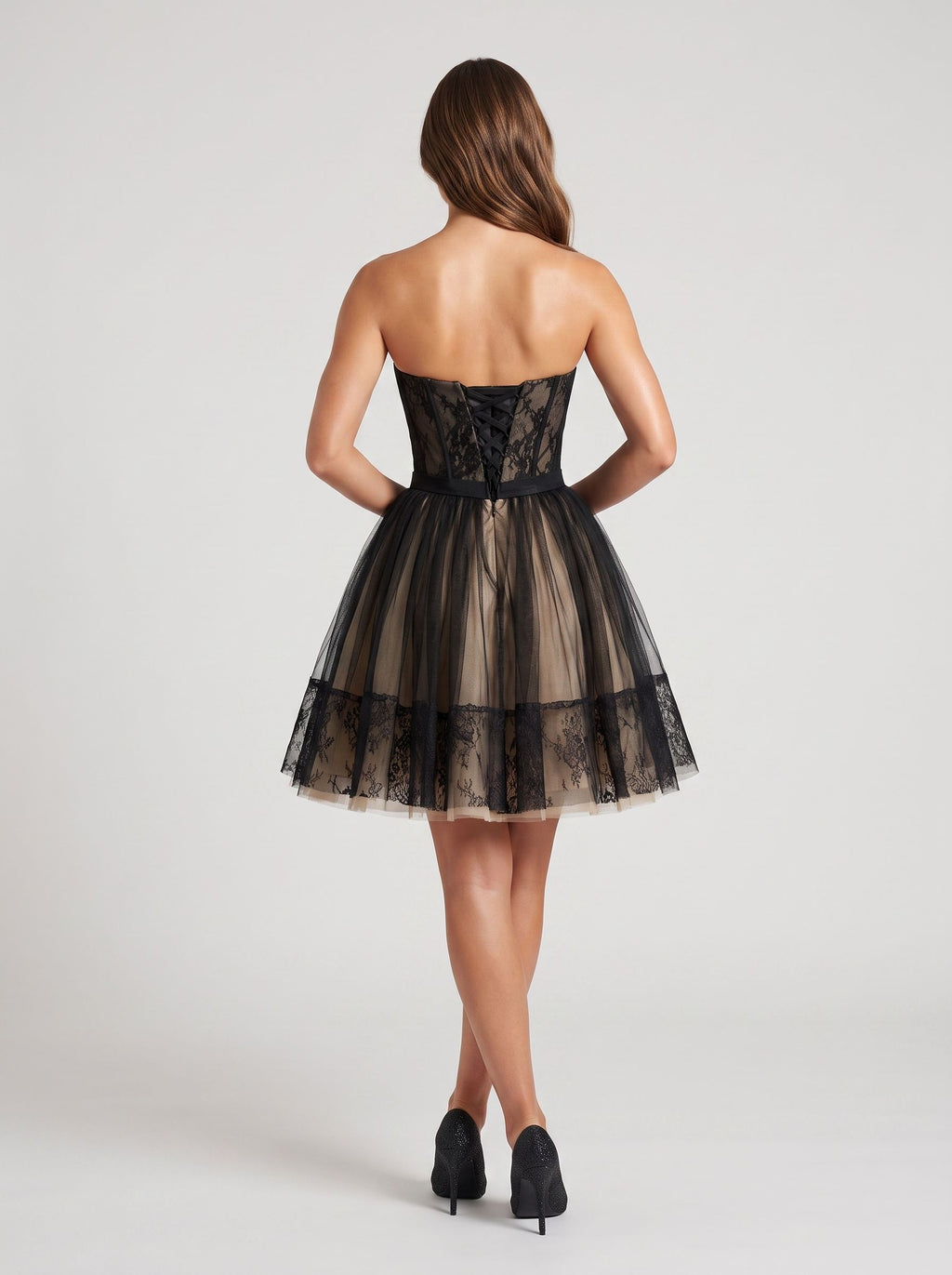 Black Tulle A-Line Sweetheart Lace-up Short Dress with Puffy Skirt