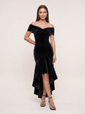 Black Velvet Mermaid Off-the-Shoulder Back Zip Floor-Length Dress with Cascading Ruffles
