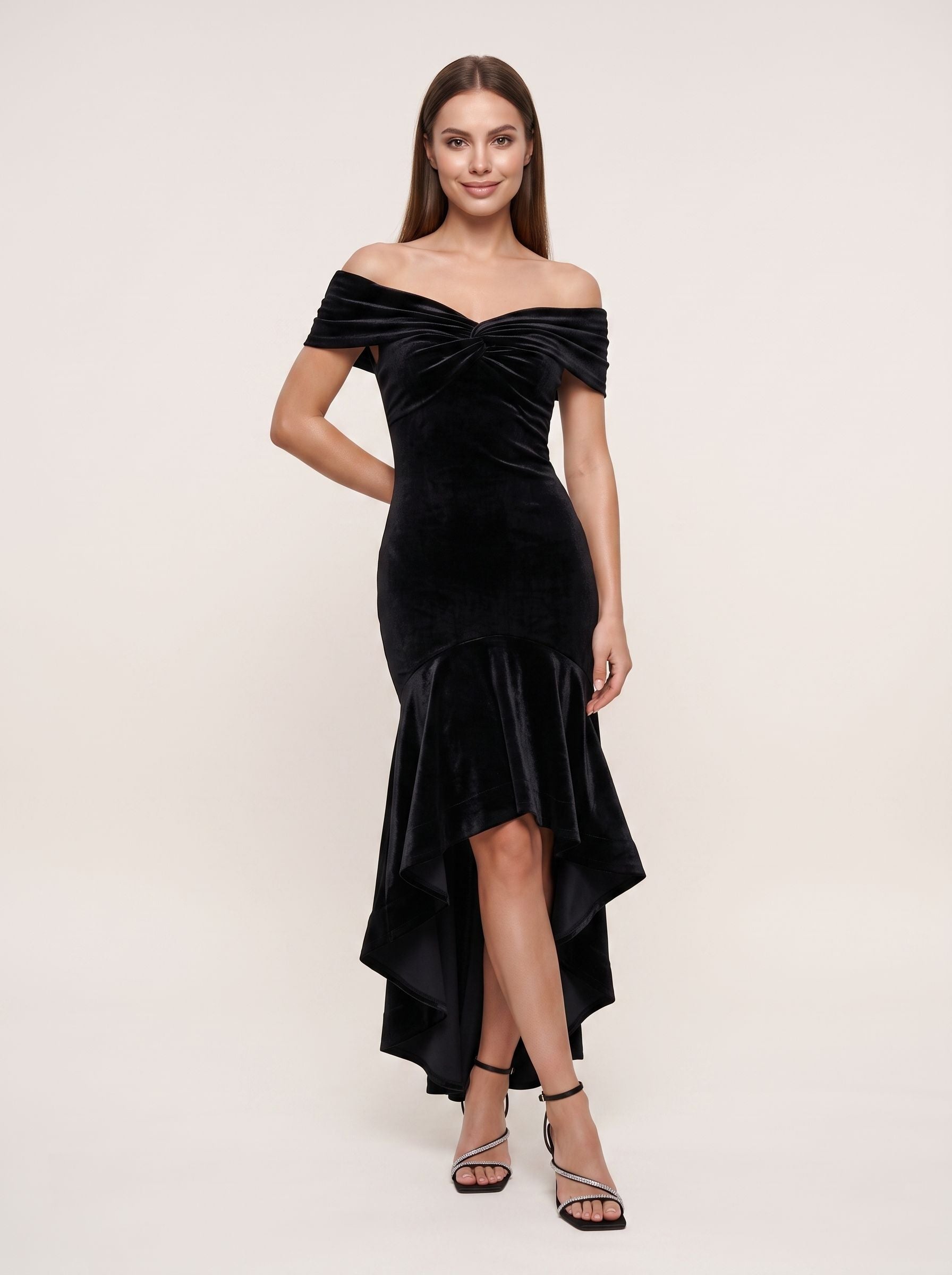 Black Velvet Mermaid Off-the-Shoulder Back Zip Floor-Length Dress with Cascading Ruffles