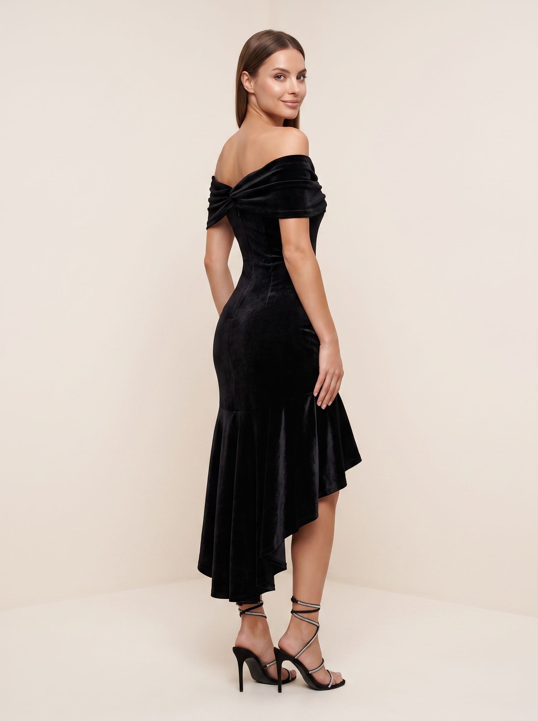 Black Velvet Mermaid Off-the-Shoulder Back Zip Floor-Length Dress with Cascading Ruffles