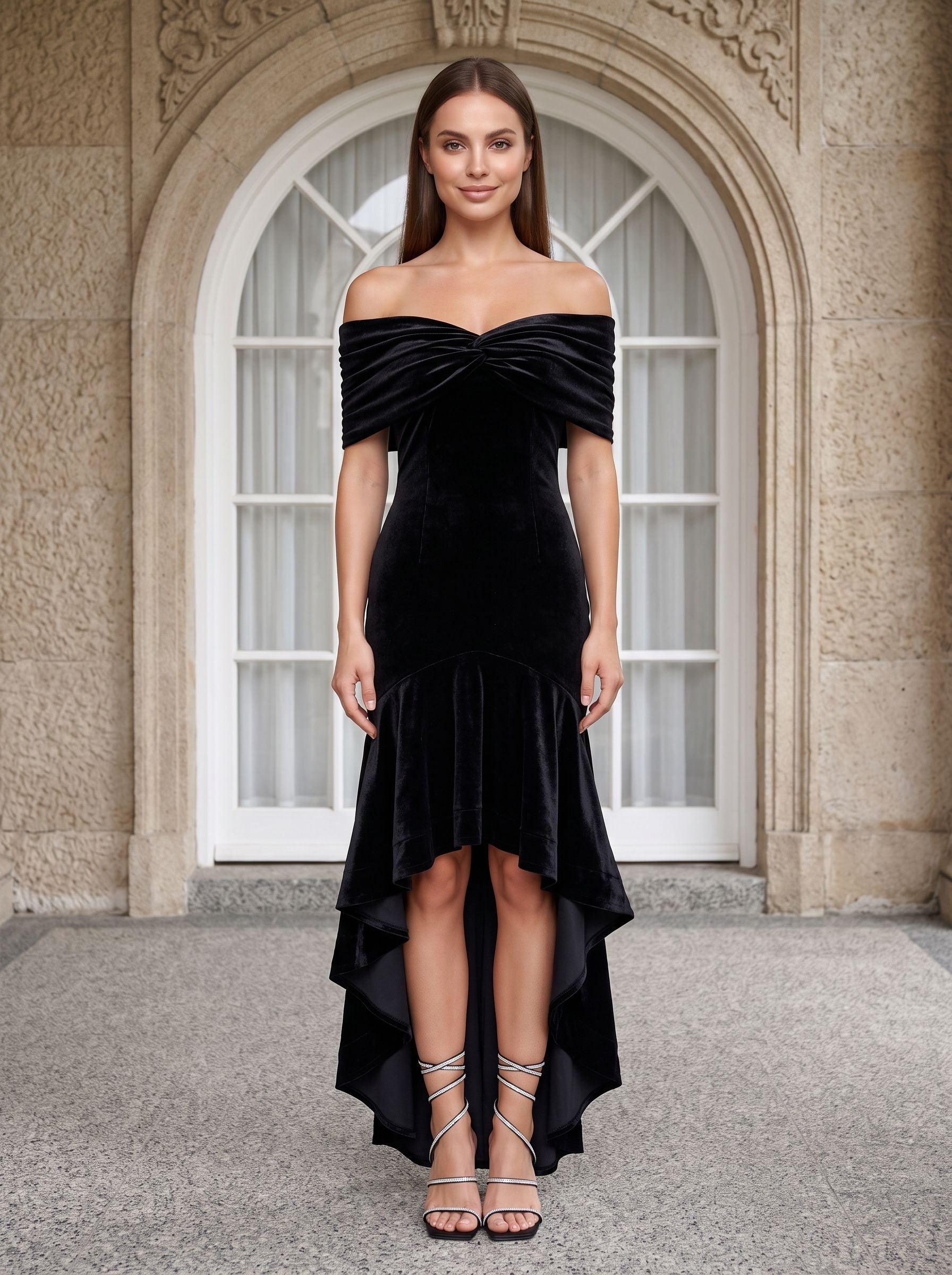 Black Velvet Mermaid Off-the-Shoulder Back Zip Floor-Length Dress with Cascading Ruffles
