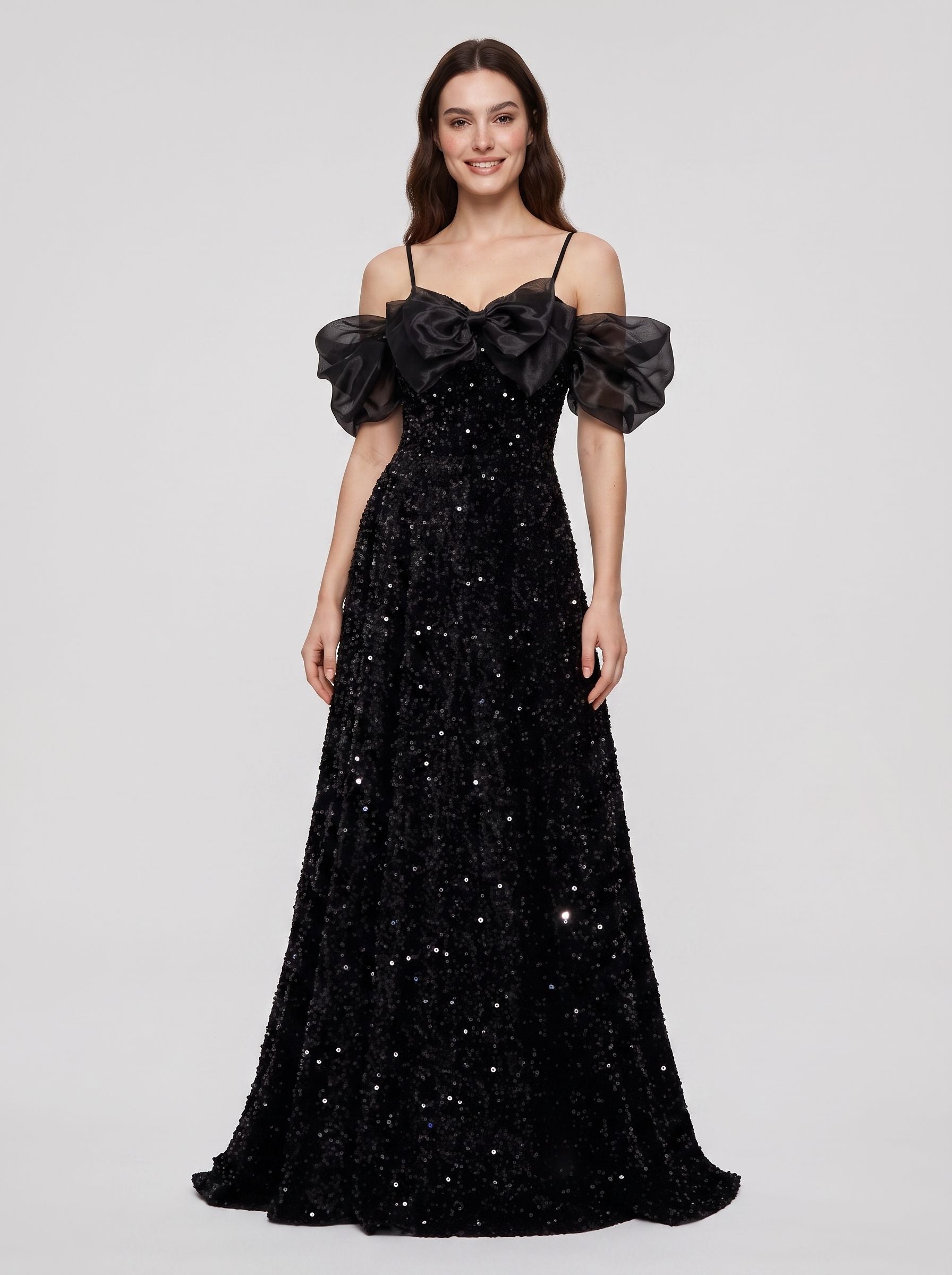 Black Tulle Sequin A-Line Off-the-Shoulder Lace-up Floor-Length Dress