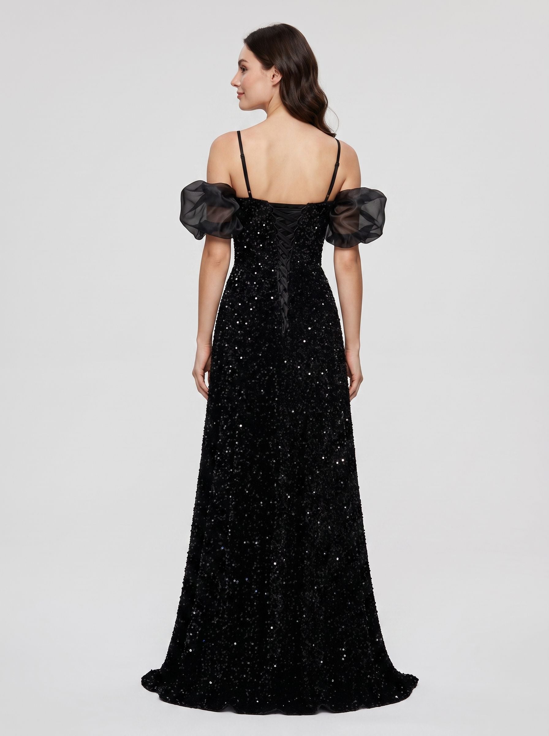 Black Tulle Sequin A-Line Off-the-Shoulder Lace-up Floor-Length Dress
