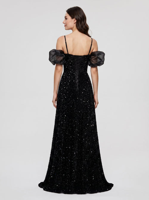 Black Tulle Sequin A-Line Off-the-Shoulder Lace-up Floor-Length Dress
