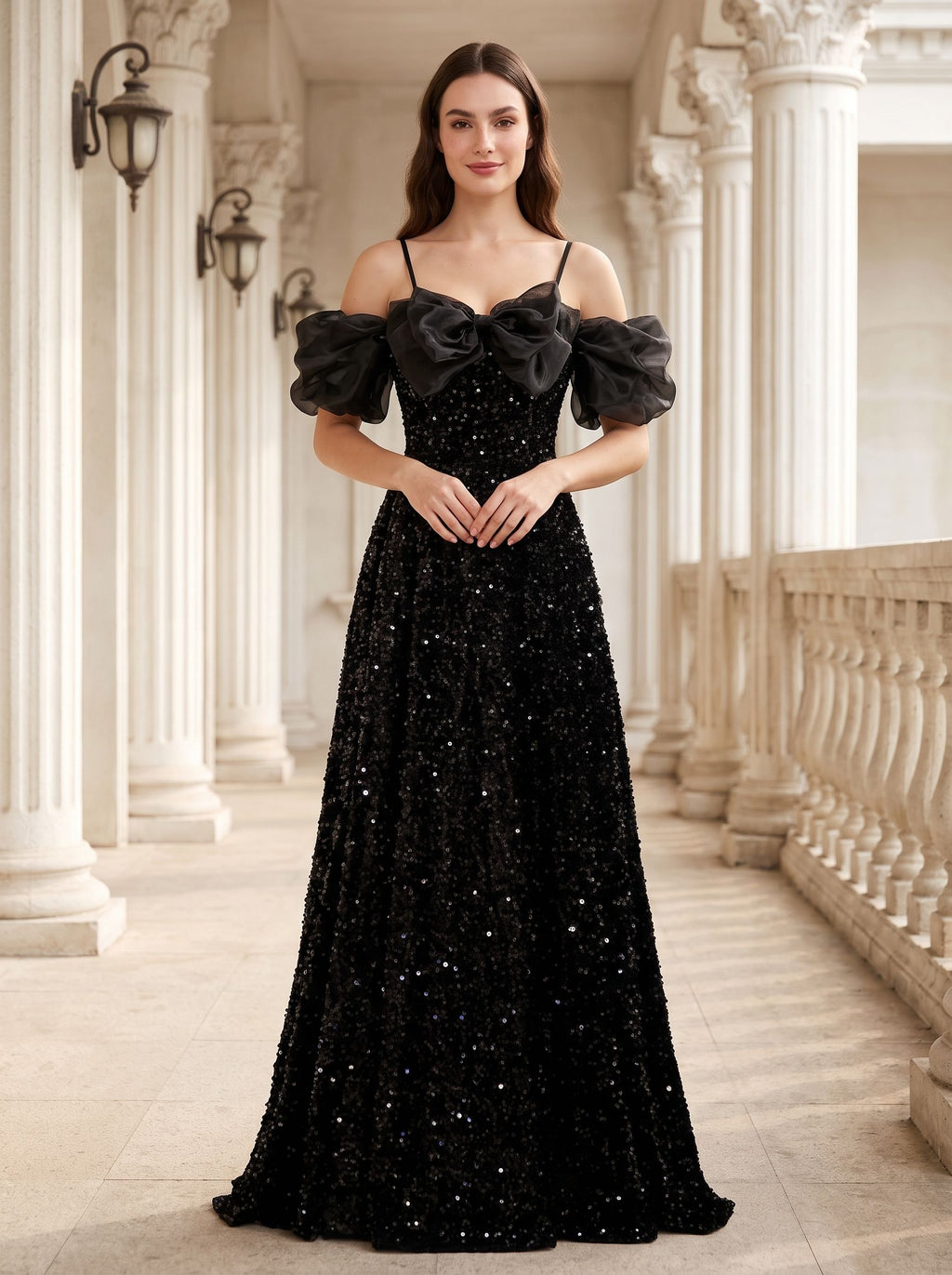 Black Tulle Sequin A-Line Off-the-Shoulder Lace-up Floor-Length Dress