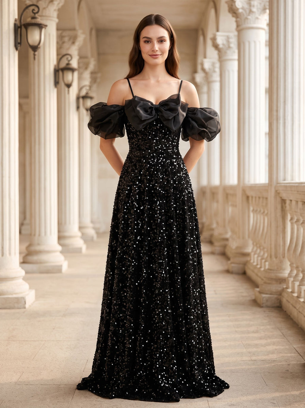 Black Tulle Sequin A-Line Off-the-Shoulder Lace-up Floor-Length Dress