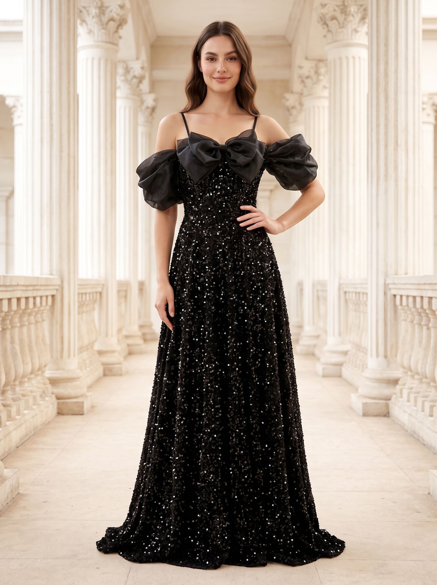 Black Tulle Sequin A-Line Off-the-Shoulder Lace-up Floor-Length Dress